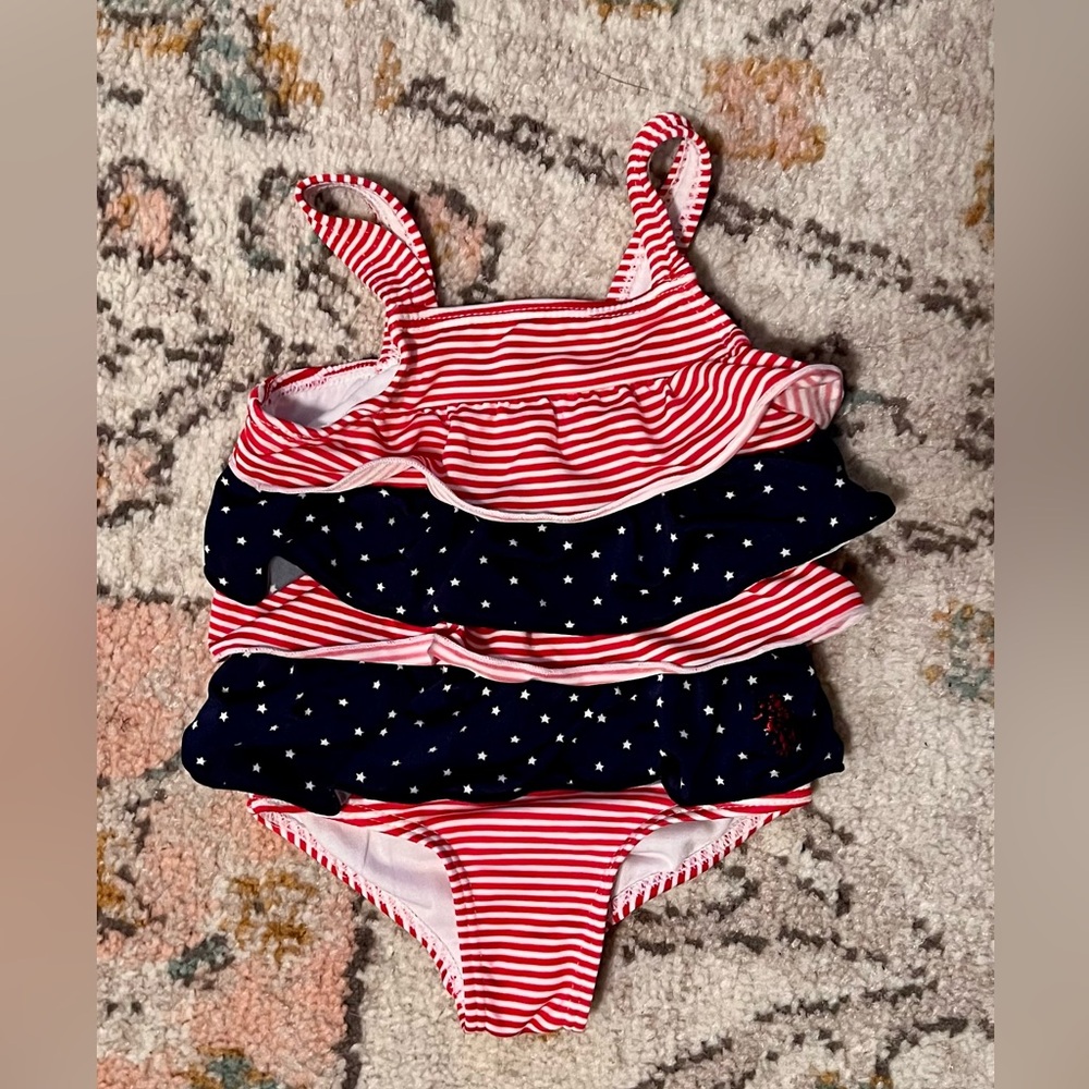 Polo 3-6 mo Red and Navy Striped Ruffle Swimsuit